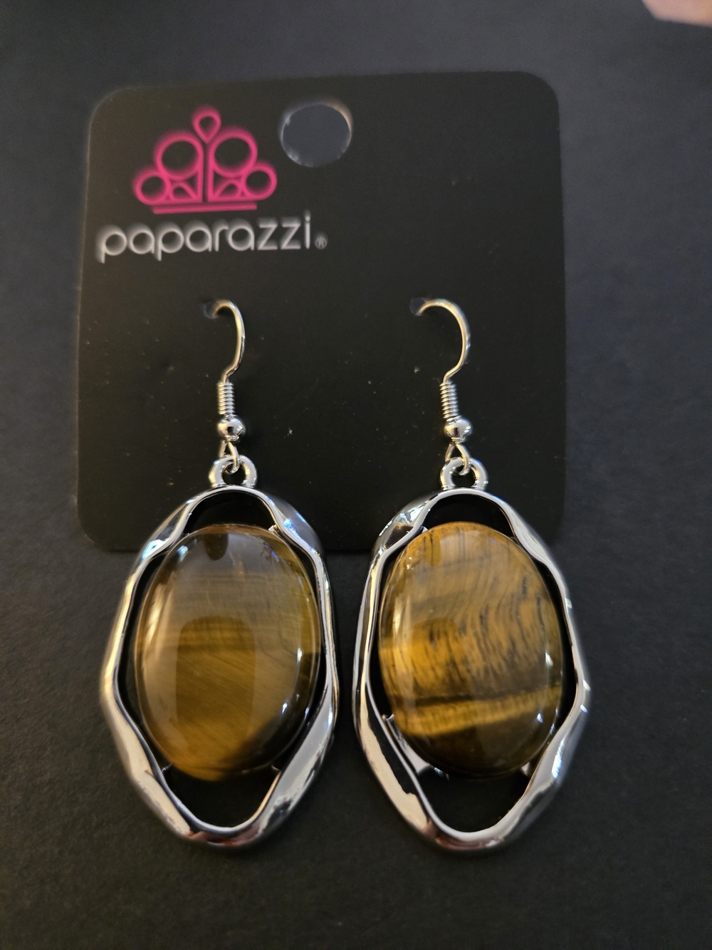 paparazzi Gold-Tone Oval Tiger Eye Drop Earrings - Brown and Black